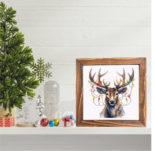 Reindeer with Lights Framed Christmas Sign