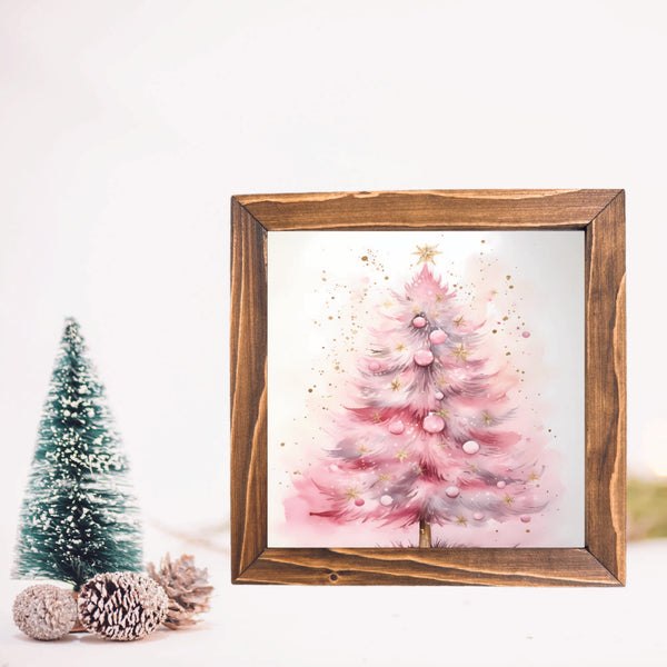 Pink Printed Christmas Tree Framed Sign