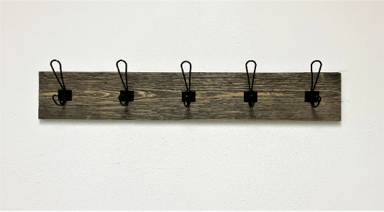 Distressed Farmhouse style coat rack for entryway/mudroom - made from solid wood and metal hooks with 5.5" tall backboard