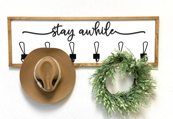 Stay Awhile Entryway/Mudroom coat Hook with 3D Wood Cutout and Metal Hooks