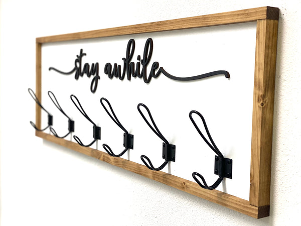Stay Awhile Entryway/Mudroom coat Hook with 3D Wood Cutout and Metal Hooks