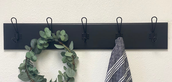 Modern Farmhouse style coat rack for entryway/mudroom - made from solid wood and metal hooks with 5.5" tall backboard