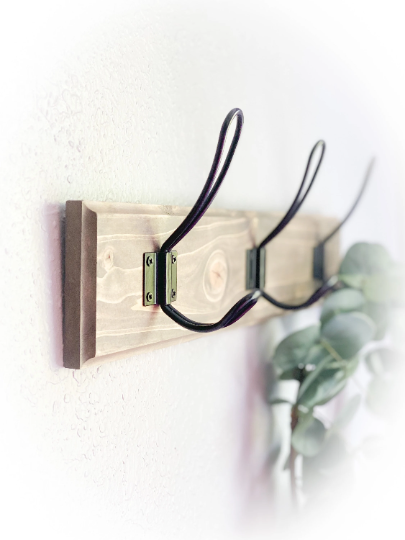 Farmhouse Wood Coat Rack for entryway/mudroom with decorative edge - made from solid wood with metal hooks and 3.5" tall backboard