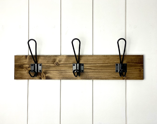 Farmhouse style coat rack for entryway/mudroom - made from solid wood and metal hooks with 3.5" tall backboard