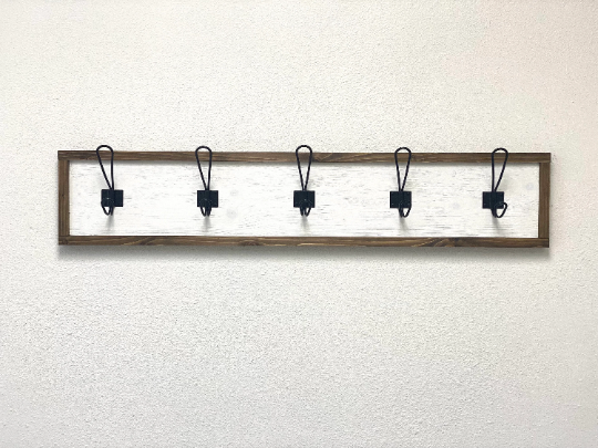 Barn Wood Distressed Farmhouse style coat rack for entryway/mudroom - made from solid wood and metal hooks with 7" tall backboard
