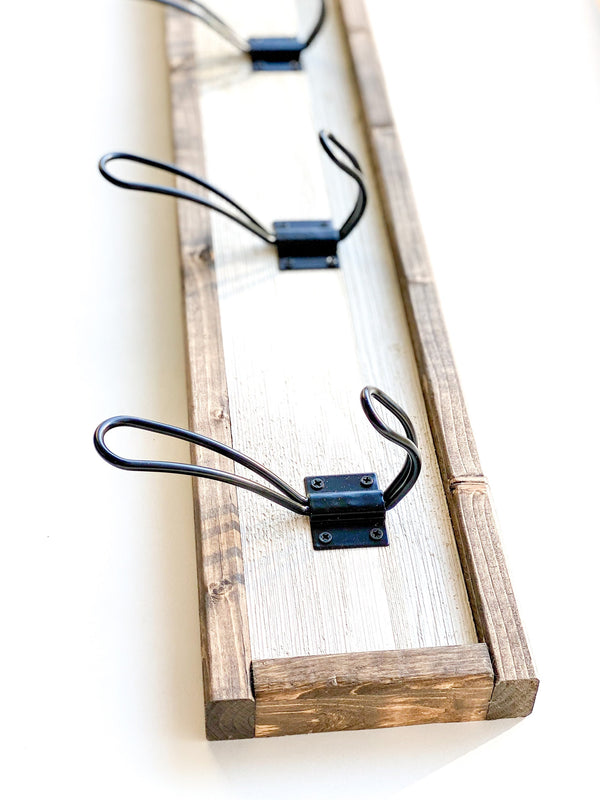 Framed - Distressed Barn Wood  Farmhouse style coat rack for entryway/mudroom - made from solid wood and metal hooks with 5" tall backboard