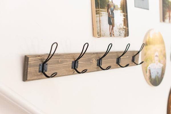 Farmhouse Wood Coat Rack for entryway/mudroom with decorative edge - made from solid wood with metal hooks and 3.5" tall backboard