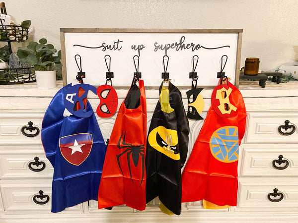 Suit Up SuperHero Costume/cape hook with 3d wood cutout and metal hooks