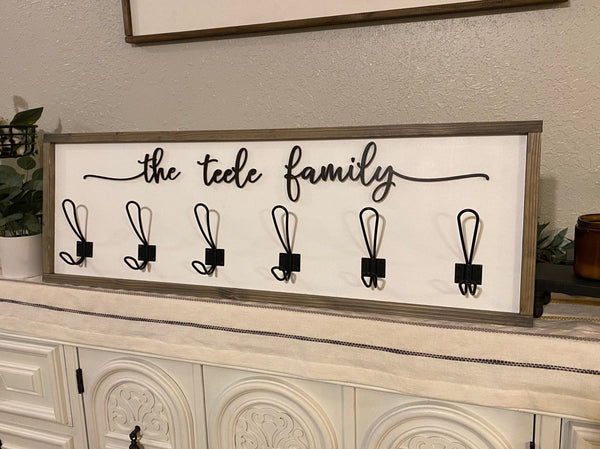 Personalized Family name coat hook for entryway/mudroom with 3d wood cutout and metal hooks