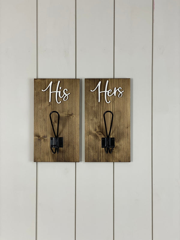 His and Hers bathroom/patio Towel Hook with 3d wood cutout and metal hook