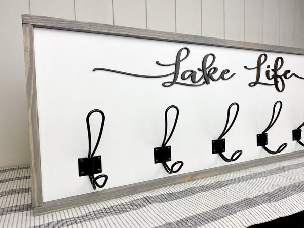 Lake life coat/towel rack  WITH 3D WOOD CUTOUT and METAL HOOKS