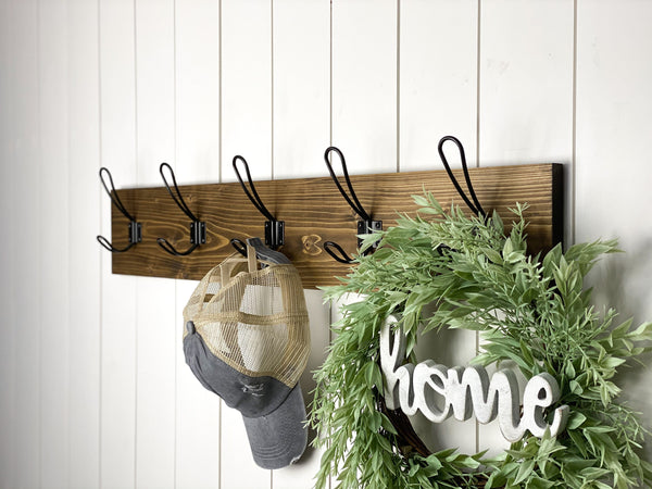Farmhouse style coat rack for entryway/mudroom - made from solid wood and metal hooks with 5.5" tall backboard