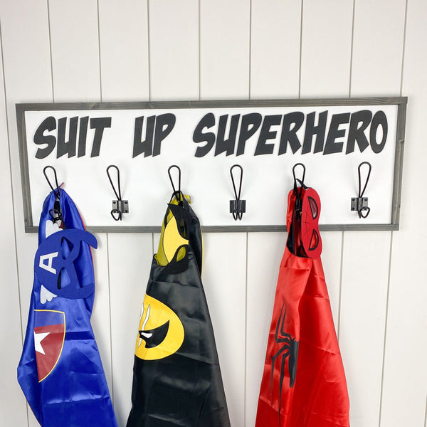 Suit Up SuperHero Costume/cape hook with 3d wood cutout and metal hooks