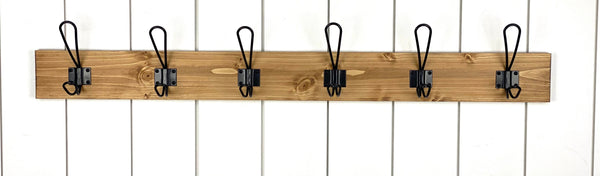 Farmhouse style coat rack for entryway/mudroom - made from solid wood and metal hooks with 3.5" tall backboard