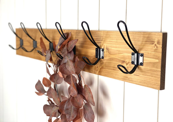 Farmhouse style coat rack for entryway/mudroom - made from solid wood and metal hooks with 5.5" tall backboard