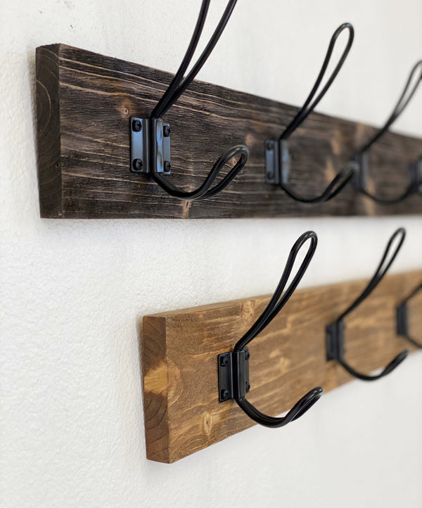 Distressed Farmhouse style coat rack for entryway/mudroom - made from solid wood and metal hooks with 3.5" tall backboard