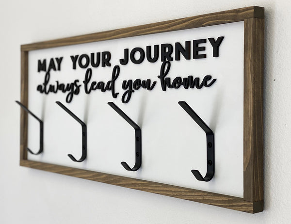 May Your Journey Always Lead You Home Coat/towel hook with 3D wood cutout and modern metal hooks