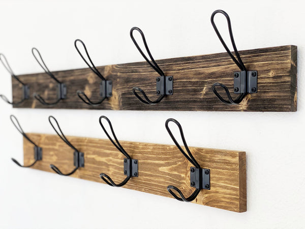 Distressed Farmhouse style coat rack for entryway/mudroom - made from solid wood and metal hooks with 3.5" tall backboard