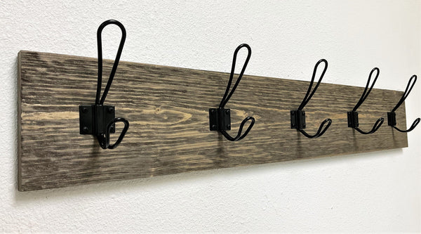 Distressed Farmhouse style coat rack for entryway/mudroom - made from solid wood and metal hooks with 5.5" tall backboard