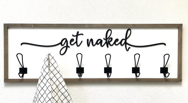 Get naked robe/towel rack  WITH 3D WOOD CUTOUT and METAL HOOKs - made from solid wood