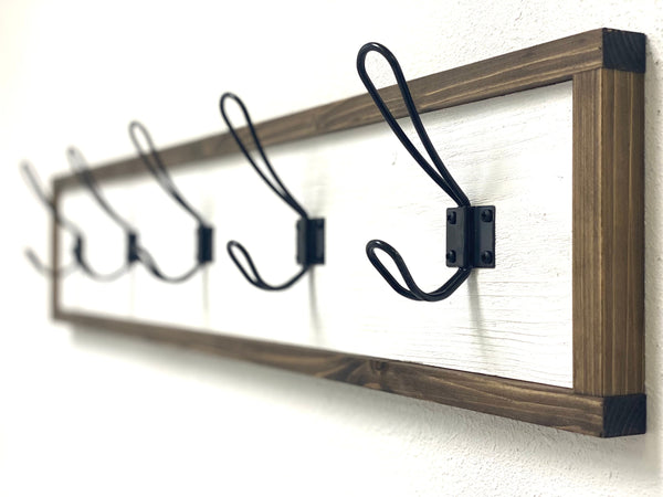 Barn Wood Distressed Farmhouse style coat rack for entryway/mudroom - made from solid wood and metal hooks with 7" tall backboard