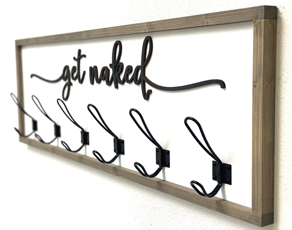 Get naked robe/towel rack  WITH 3D WOOD CUTOUT and METAL HOOKs - made from solid wood