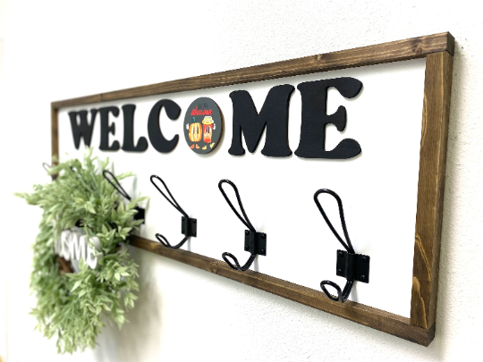 Interchangeable Welcome Sign -Entryway Coat Rack with 9 Inserts and 3D Word Cutout with Metal Hook