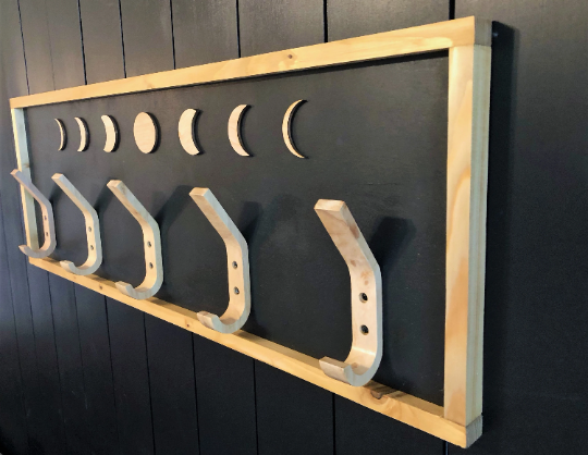 Moon phase entryway coat/towel hook with 3d moon phase shapes and solid wood hooks
